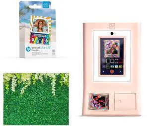 HP Sprocket Photo Booth Machine Instant Color Photo Printer (Pink) + Zink Paper (100 Sheets) + Leaves Photo Backdrop