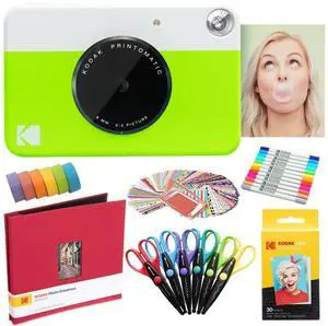 Kodak Printomatic Instant Camera (Green) Art Bundle + Zink Paper (20 Sheets) + 8x8 Cloth Scrapbook + 12 Twin Tip Markers + 100 Border Stickers + 6 Decorative Scissors + Washi Tape