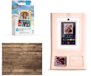 HP Sprocket Photo Booth Machine Instant Color Photo Printer (Pink) + Zink Paper (100 Sheets) + Vintage Wooden Wall Backdrop