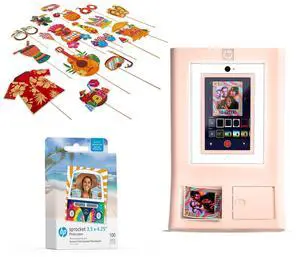 HP Sprocket Photo Booth Machine Instant Color Photo Printer (Pink) + Zink Paper (100 Sheets) + Luau Party Photo Booth Props (30pc)