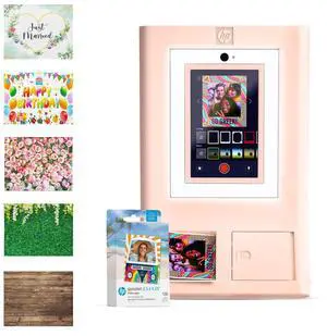 HP Sprocket Photo Booth Machine Instant Color Photo Printer (Pink) + Zink Paper (100 Sheets) + Wedding, Birthday, Roses, Leaves, Vintage Wooden Wall Photo Backdrops