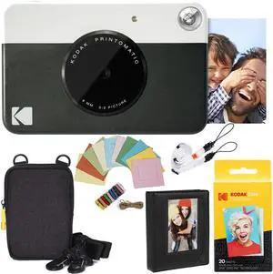Kodak Printomatic Instant Camera Bundle (Black) Zink Paper (20 Sheets) - Case - Photo Album - Hanging Frames.