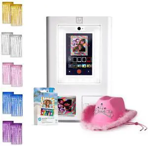 HP Sprocket Photo Booth Machine Instant Color Photo Printer (White) + Zink Paper (100 Sheets) + Pink Cowboy Hat with Tiara + Silver, Pink, Blue, Gold, Purple Foil Curtain Backdrop (x2)