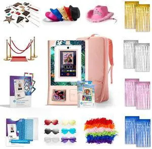 HP Sprocket Photo Booth Machine Instant Color Photo Printer (Pink) + Paper(x100)+ Red Carpet Bundle + Case + Stickers + Screen Protectors + Fedoras + Glasses +Boas + Cowboy Hat + Foil Curtain Backdrop