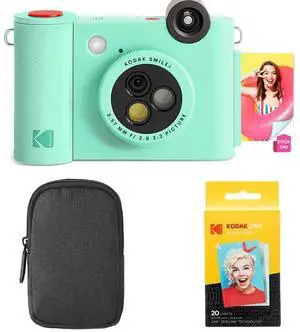 KODAK Smile+ 2-in-1 Digital Instant Print Camera & Wireless Bluetooth Photo Printer Starter Bundle + Carrying Case + Zink 20pk Sticky-Back Photo Paper - 10MP, Special-Effect Rotating Lens - Green