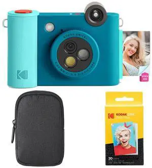 KODAK Smile+ 2-in-1 Digital Instant Print Camera & Wireless Bluetooth Photo Printer Starter Bundle + Carrying Case + Zink 20pk Sticky-Back Photo Paper - 10MP, Special-Effect Rotating Lens - Blue