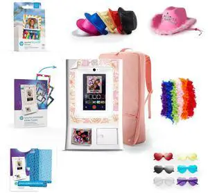 HP Sprocket Photo Booth Machine Instant Color Photo Printer (White) + Zink Paper (x100) + Case + Sticker Frames (x15) + Screen Protector (x2) + Fedoras (x6) + Glasses (6pc) + Boas (x6) + Cowboy Hat