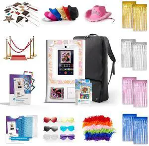 HP Sprocket Photo Booth Machine Instant Color Photo Printer -White + Paper(x100)+ Red Carpet Bundle + Case + Stickers + Screen Protectors + Fedoras + Glasses +Boas + Cowboy Hat + Foil Curtain Backdrop
