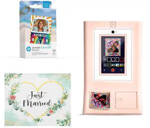 HP Sprocket Photo Booth Machine Instant Color Photo Printer (Pink) + Zink Paper (100 Sheets) + Wedding Photo Backdrop