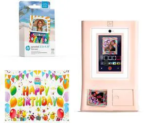 HP Sprocket Photo Booth Machine Instant Color Photo Printer (Pink) + Zink Paper (100 Sheets) + Birthday Photo Backdrop