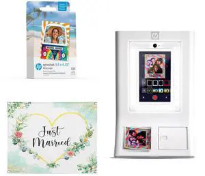 HP Sprocket Photo Booth Machine Instant Color Photo Printer (White) + Zink Paper (100 Sheets) +Wedding Photo Backdrop