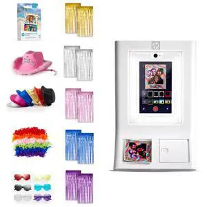 HP Sprocket Photo Booth Machine Instant Color Photo Printer (White) + Zink Paper (100 Sheets)+ Fedora Bundle (x6)+ Heart Glasses (6pc)+ Feather Boas (x6) +Pink Cowboy Hat + Foil Curtain Backdrop (x5)