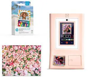 HP Sprocket Photo Booth Machine Instant Color Photo Printer (Pink) + Zink Paper (100 Sheets) + Roses Photo Backdrop