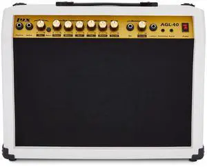 LyxPro 40 Watt Electric Guitar Amplifier | Solid State Studio Amp with 8 4-Ohm Speaker, Custom EQ Controls, Drive, Delay, ¼ Passive/Active/Microphone Inputs, Aux in & Headphone Jack - White