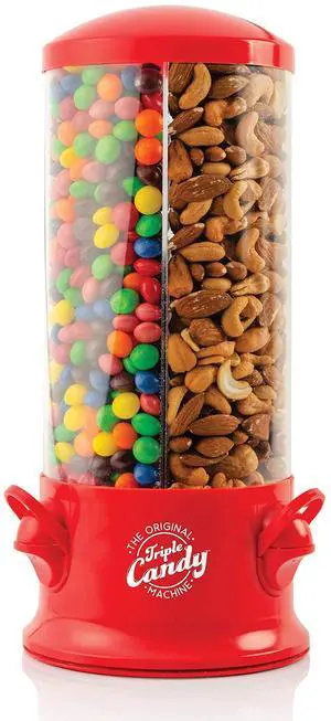 Handy Gourmet The Original Polystyrene Triple Candy Machine - Fun Candy & Nut Dispenser - New & Improved (Red) - 360 Degree and 3 Compartments