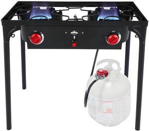 Hike Crew Auto Ignition Double-Burner Outdoor Gas Stove | 150,000 BTU Portable Propane-Powered Cooktop with Blue Flame Control, Removable Legs, Temperature Setting Knobs | Includes Hose & Regulator
