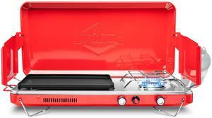 Hike Crew 2-in-1 Gas Camping Stove and Griddle, Portable Propane Burner w/ Integrated Igniter & Stainless Drip Tray | Built-in Carrying Handle, Foldable Legs & Wind Panels | Includes Regulator