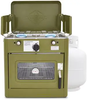 Hike Crew Outdoor Gas Camping Oven w/ Carry Bag | CSA Approved Portable Propane-Powered 2-Burner Stove & Oven | Auto Ignition, Overheat Safety Shutoff, Built-In Thermometer | Hose & Regulator Included