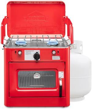 Hike Crew Outdoor Gas Camping Oven w/ Carry Bag | CSA Approved Portable Propane-Powered 2-Burner Stove & Oven | Auto Ignition, Overheat Safety Shutoff, Built-In Thermometer | Hose & Regulator Included
