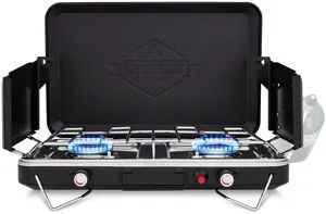 Hike Crew Gas Camping Stove | 20,000 BTU Portable Propane 2 Burner Stovetop | Integrated Igniter & Stainless Steel Drip Tray | Built-in Carrying Handle, Foldable Legs, Wind Panels | Includes Regulator Hike Crew Gas Camping Stove | 20,000 BTU Portable Propane 2 Burner Stovetop | Integrated Igniter & Stainless Steel Drip Tray | Built-in Carrying Handle, Foldable Legs, Wind Panels | Includes Regulator