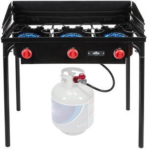 Hike Crew Cast Iron 3-Burner Outdoor Gas Stove | 225,000 BTU Portable Propane Cooktop w/ Blue Flame Control, Removable Legs, Temperature Control Knobs, Wind Panel, Hose, Regulator & Storage Carry Case