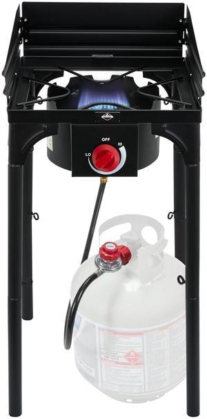 Hike Crew Cast Iron 1-Burner Outdoor Gas Stove | 75,000 BTU Portable Propane-Powered Cooktop w/ Blue Flame Control, Removable Legs, Temperature Setting Knobs | Wind Panel, Hose Regulator & Storage Bag