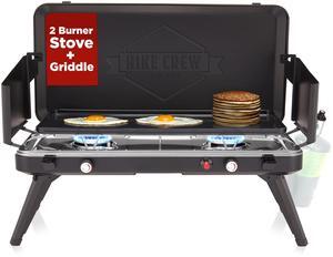 Hike Crew 2-in-1 Gas Camping Stove and Griddle | 20,000 BTU 2 Burner Propane Portable Stovetop w/ Griddle Plate | Foldable Legs | Integrated Igniter w/ Regulator | Wind Panels & Built-in Carry Handle
