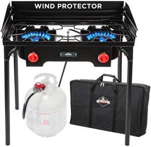 Hike Crew Cast Iron Double-Burner Outdoor Gas Stove | 150,000 BTU Portable Propane Cooktop w/ Blue Flame Control, Removable Legs, Temperature Control Knobs, Wind Panel, Hose, Regulator & Storage Case