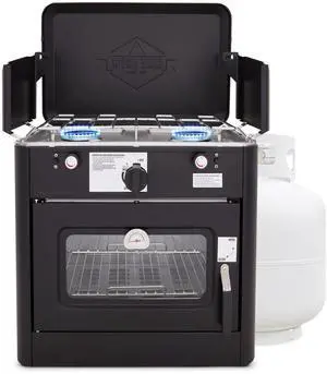 Hike Crew Outdoor Gas Camping Oven w/ Carry Bag | CSA Approved Portable Propane-Powered 2-Burner Stove & Oven | Auto Ignition, Overheat Safety Shutoff, Built-In Thermometer | Hose & Regulator Included
