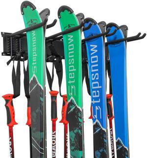 RaxGo Ski Wall Rack, Holds 4 Pairs of Skis & Skiing Poles or Snowboard for Home and Garage Storage, Wall Mounted, Heavy Duty and Adjustable Rubber-Coated Hooks