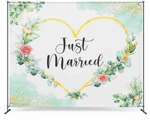 Zink Wedding Photo Backdrop - Wrinkle-Free 4.5 Ft x 6 Ft Photo Studio Backdrop with Floral Design and Just Married Text