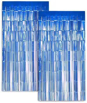 Zink 2 Pack 3.28 Ft x 6.56 Ft Blue Foil Curtain Backdrop - Tinsel Streamers for Photo Booth, Birthday Party, Wedding, Graduation, Holiday Decorations
