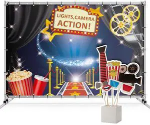 Zink Hollywood Photo Booth Bundle - 15PC Hollywood Themed Photo Booth Kit with 4.5 x 6 Ft Backdrop, Precut Props, Sticks, and Adhesive Pads
