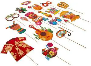 Zink 30PC Luau Party Photo Booth Props - 30 Tropical Hawaiian Photo Booth Props with 30 Sticks and 60 Self-Adhesive Tapes for Photo Booths