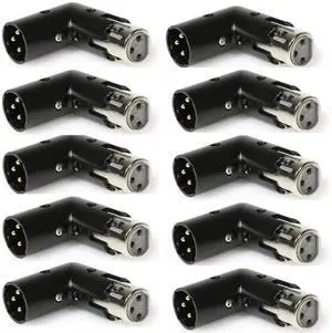 LyxPro XLR Angle Adapter Dual Male and Female can be positioned to 4 different angles Right Left and 90 degree great for mixers that interfere with other applications - 10 Pack