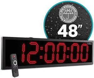 Ivation Huge 48" Inch Large Big Oversized Waterproof Outdoor Digital LED Clock with Stopwatch, Alarms, Countdown Timer & Temp - Wall or Chain Mount (Red) | 5-Level Brightness