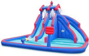 Sunny & Fun Mega Sport Inflatable Water Triple Slide Park  Heavy-Duty for Outdoor Fun - Climbing Wall, 3 Slides & Splash Pool  Easy to Set Up & Inflate with Included Air Pump & Carrying Case