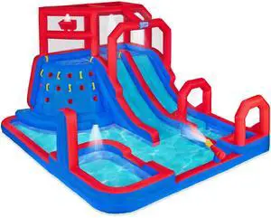 Sunny & Fun Mega Climb N Go Inflatable Water Slide Park  Heavy-Duty for Outdoor Fun - Climbing Wall, 2 Slides, Splash & Deep Pool  Easy to Set Up & Inflate with Included Air Pump & Carrying Case