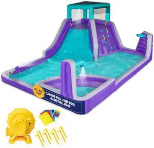 Sunny & Fun Four Corner Inflatable Water Slide Park  Heavy-Duty for Outdoor Fun - Climbing Wall, Slide & Deep Pool  Easy to Set Up & Inflate with Included Air Pump & Carrying Case