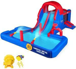 Sunny & Fun Ultra All-Play Inflatable Water Slide Park  Heavy-Duty for Outdoor Fun - Climbing Wall, Slides, Bounce House, Volley Net, Deep Pool  Inflate with Included Air Pump & Carrying Case