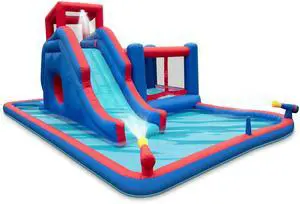 Sunny & Fun 2-In-1 Bounce & Blast Inflatable Water Slide Park  Heavy-Duty for Outdoor Fun - Climbing Wall, Slide, Bouncer & Splash Pool  Easy to Set Up, Included Air Pump & Carrying Case