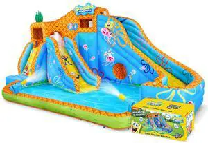 SUNNY & FUN Spongebob Deluxe Adventure Inflatable Water Slide Park - Heavy-Duty for Outdoor Fun - Climbing Wall, 2 Slides & Splash Pool - Inflate with Included Air Pump & Carrying Case