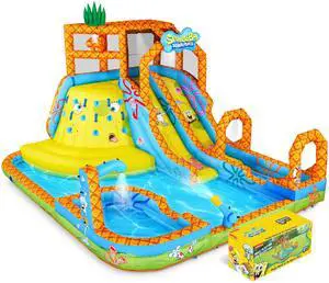 Sunny & Fun Mega Climb N Go Inflatable Water Slide Park  Heavy-Duty for Outdoor Fun - Climbing Wall, 2 Slides, Splash & Deep Pool  Easy to Set Up & Inflate with Included Air Pump & Carrying Case