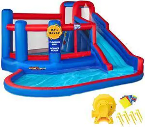 Sunny & Fun Big Time Bounce-A-Round Inflatable Water Slide Park  Heavy-Duty for Outdoor Fun - Climbing Wall, Slide & Splash Pool  Easy to Set Up & Inflate with Included Air Pump & Carrying Case