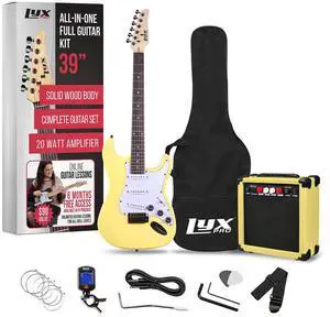 LyxPro 39 inch Electric Guitar Kit Bundle with 20w Amplifier, All Accessories, Digital Clip On Tuner, Six Strings, Two Picks, Tremolo Bar, Shoulder Strap, Case Bag Starter kit Full Size - Retro Yellow