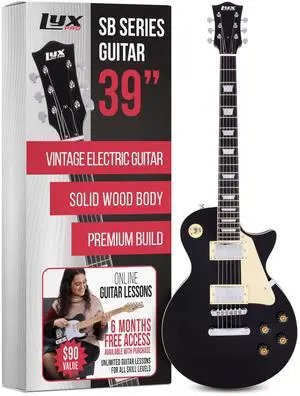 LyxPro 39 SB Series Electric Guitar, LP Style for Beginner, Intermediate & Pro Players Solid Body Guitar, Bonus 2-Pack of Picks, Mahogany Wood, Volume/Tone Controls, 3-Way Pickup - Black