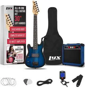 LyxPro Left Hand 30 Inch Electric Guitar Kit for Lefty Kids 3/4 Size Beginners Guitar, Amp, Six Strings, Two Picks, Shoulder Strap, Digital Clip On Tuner, Guitar Cable and Soft Case Gig Bag - Blue