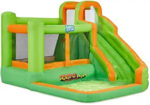 Sunny & Fun Compact Bounce-A-Round Inflatable Water Slide Park  Heavy-Duty for Outdoor Fun - Climbing Wall, Slide & Splash Pool  Easy to Set Up & Inflate with Included Air Pump & Carrying Case
