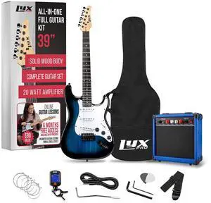 LyxPro 39 inch Electric Guitar Kit Bundle with 20w Amplifier, All Accessories, Digital Clip On Tuner, Six Strings, Two Picks, Tremolo Bar, Shoulder Strap, Case Bag Starter kit Full Size - Blue