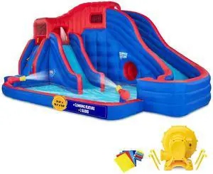 Sunny & Fun Deluxe Adventure Inflatable Water Slide Park  Heavy-Duty for Outdoor Fun - Climbing Wall, 2 Slides & Splash Pool  Easy to Set Up & Inflate with Included Air Pump & Carrying Case